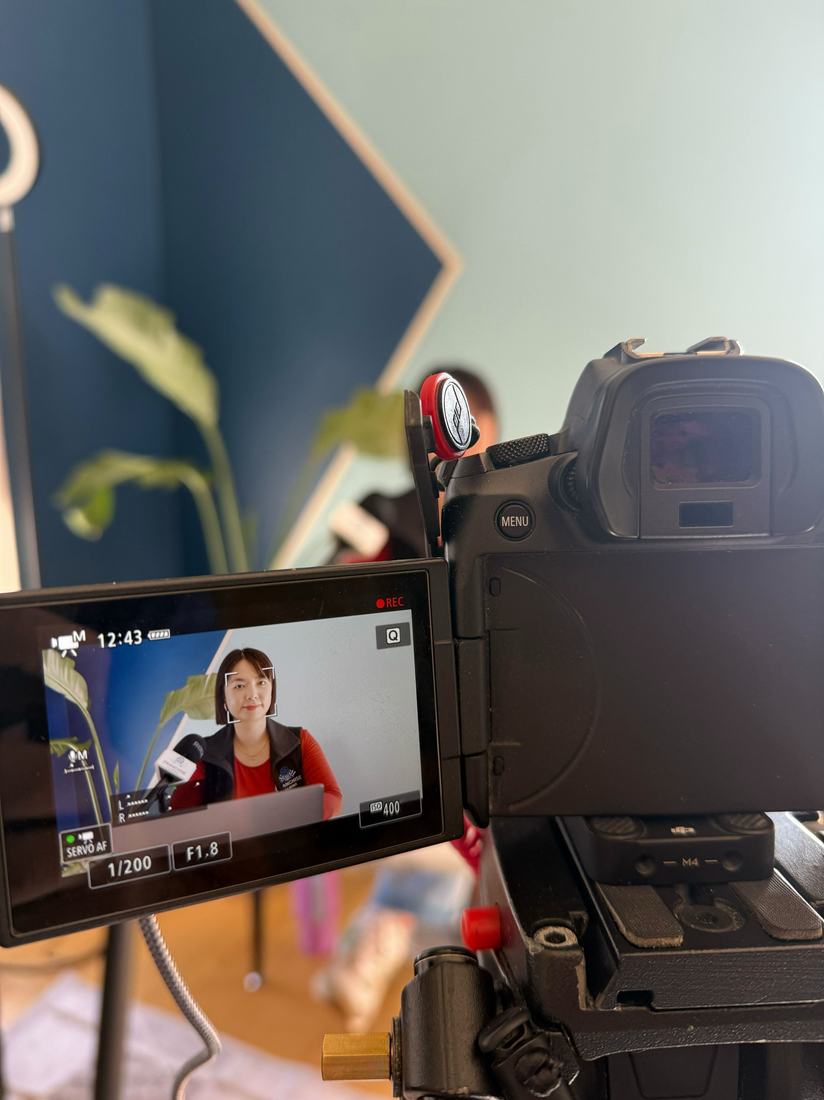 Behind the scenes during a podcast filming session