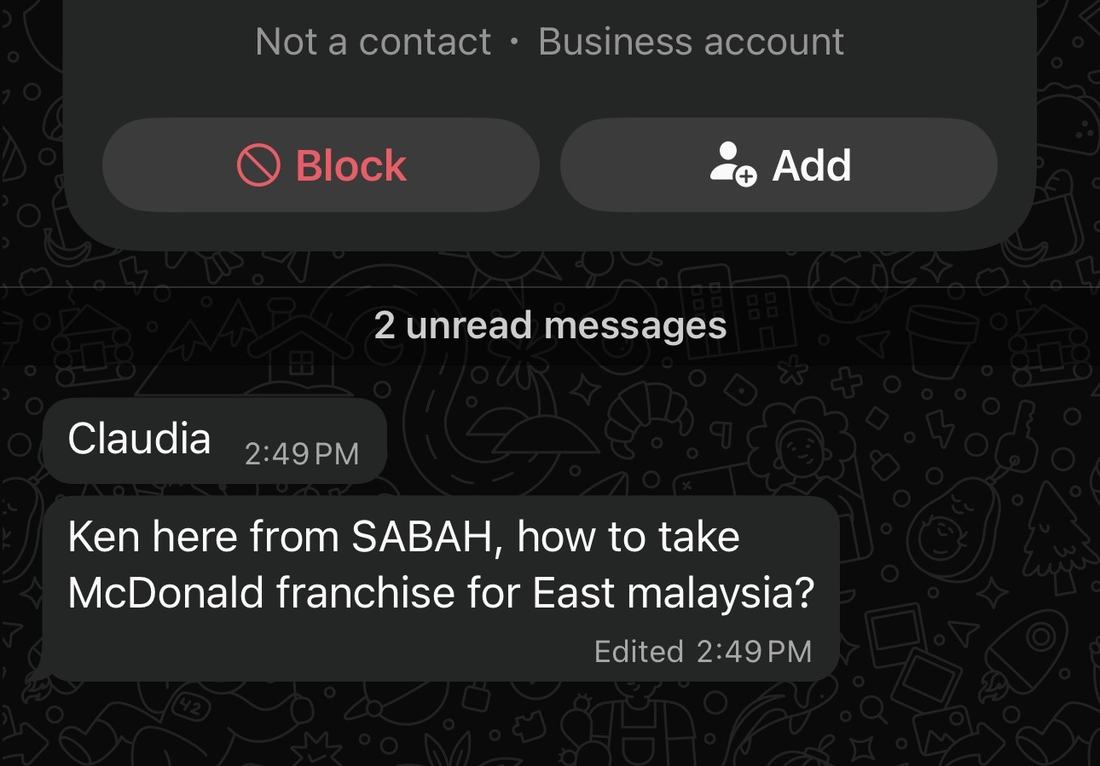 Inbound message asking about a McDonald's franchise in East Malaysia