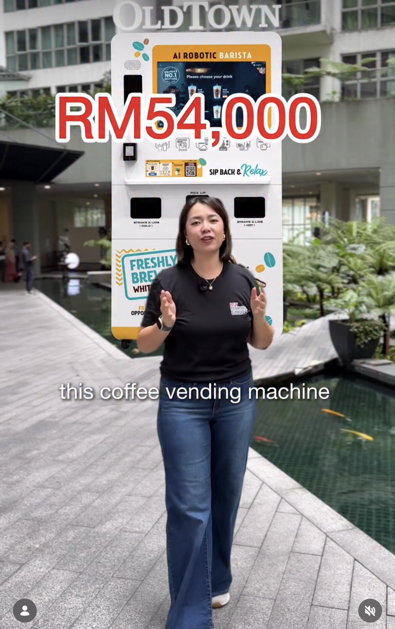 Claudia Ng presenting the OldTown AI robotic barista vending machine in an organic content Reel